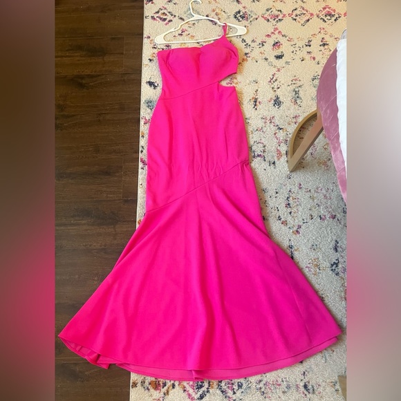 one shoulder barbie pink prom dress with cut out on the side - Picture 1 of 9
